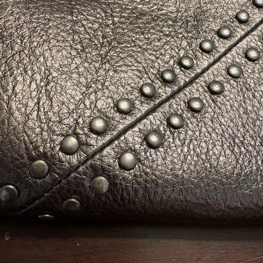 HOBO Lauren Leather Clutch Wallet Pewter Gray Metallic Double Kiss Lock Studded